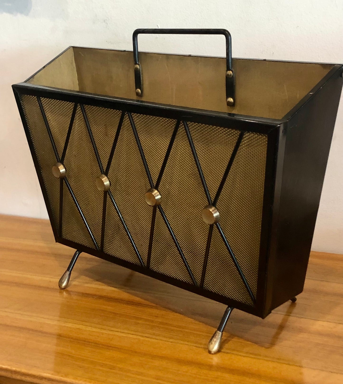 Vintage Painted Steel and Gilt Brass Magazine Rack