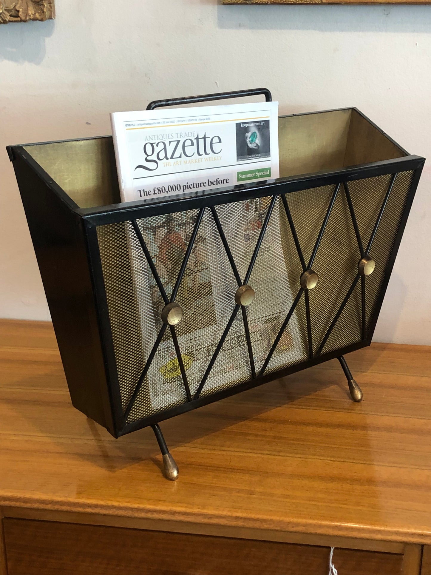 Vintage Painted Steel and Gilt Brass Magazine Rack