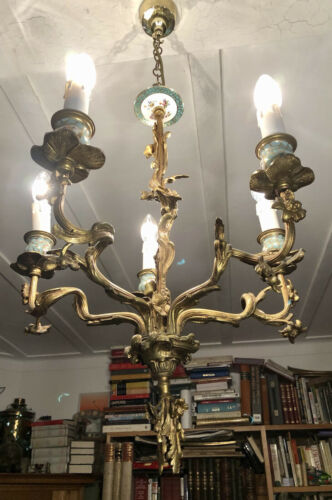 Antique Gilt Bronze Chandelier | Hand Decorated Ceramic Sconces | Wired & Working