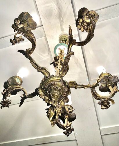 Antique Gilt Bronze Chandelier | Hand Decorated Ceramic Sconces | Wired & Working