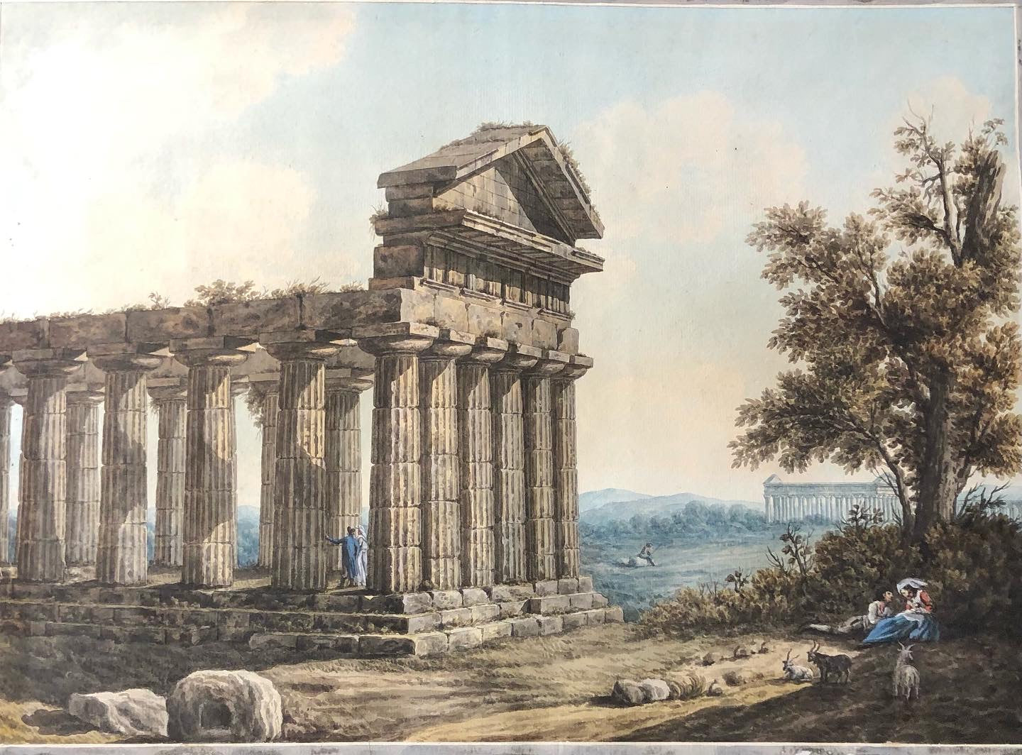 18th century Watercolour painting.  The Temples  at  Paestum
